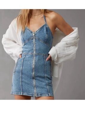 American Eagle Outfitters Halter Light Blue Denim Zip-Front Mini Dress